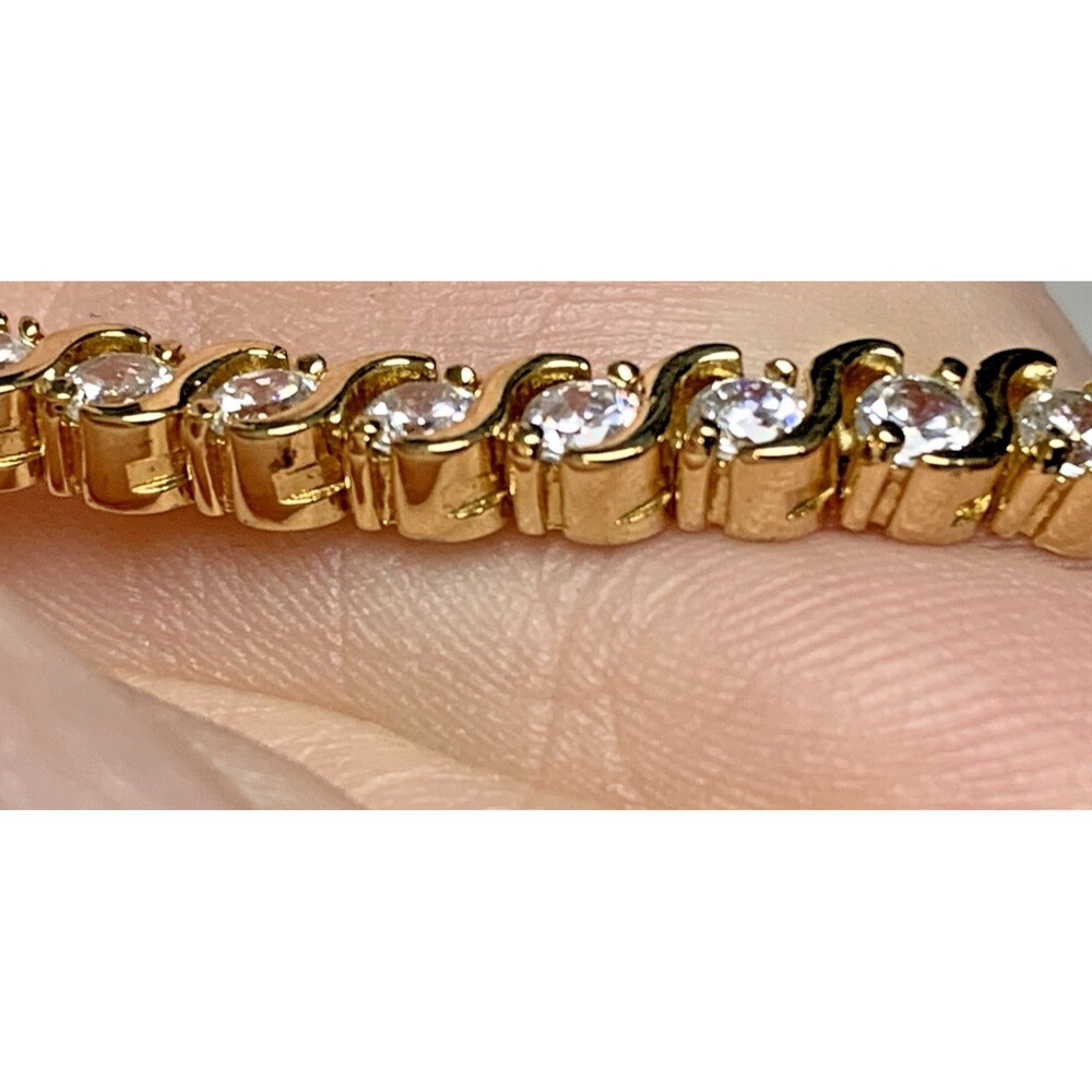 DBJ 925 Sterling Silver Gold Tone Tennis Bracelet CZ Prong Set 7" Vintage Signed - Picture 11 of 14